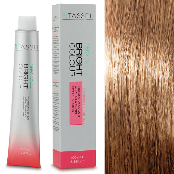 tubo de tinta capilar Tassel Bright Colour 100 ml e embalagem ao lado e cabelo loiro claro