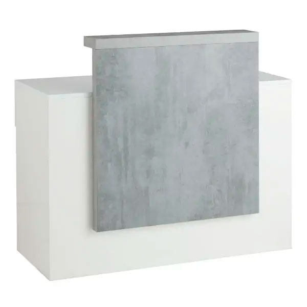 Móvel de receção branco com painel cinza claro texturizado