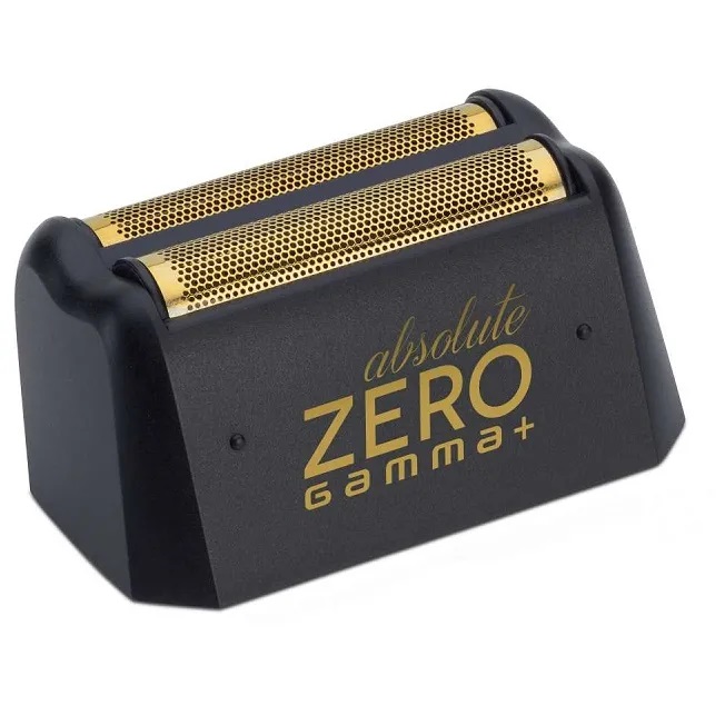 Rebarba de máquina de barbear elétrica dourada e preta com texto absolute ZERO gamma+