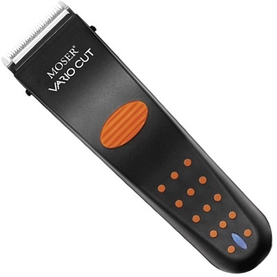 Máquina de cortar cabelo MOSER VARIO CUT preta com detalhes laranja e lâmina metálica