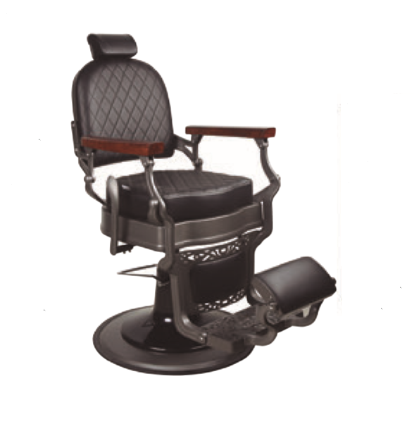 Cadeira de barbeiro preta acolchoada com apoios de braços em madeira.