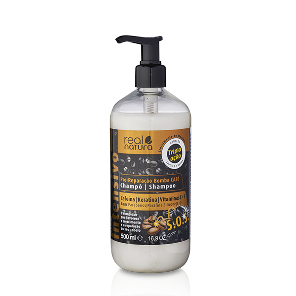 Frasco de champô real natura Pro-Reparação Bomba CAFÉ com tampa preta doseadora e rótulo amarelo e preto