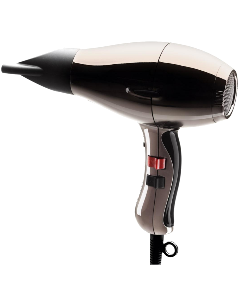 Secador de cabelo prateado e preto com botão vermelho e preto no cabo