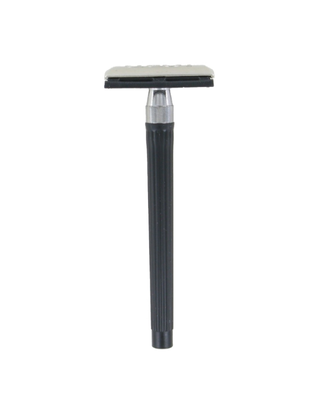 Máquina de barbear tradicional com cabo preto e cabeça metálica prateada