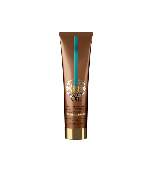 Embalagem de creme castanha com tampa dourada e texto MYTHIC OIL