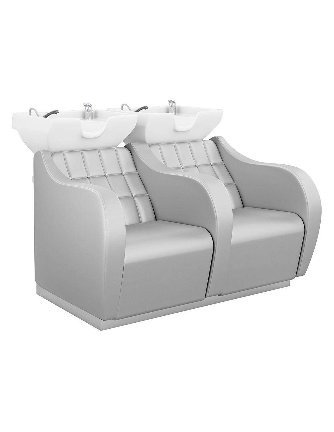 Cadeira dupla de lavagem para salão com lavatório branco e estofado cinza claro