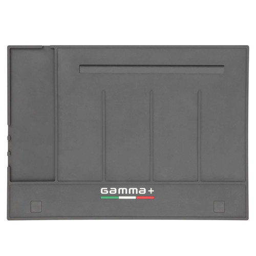Tapete de trabalho cinzento com marca branca Gamma+ e detalhes coloridos