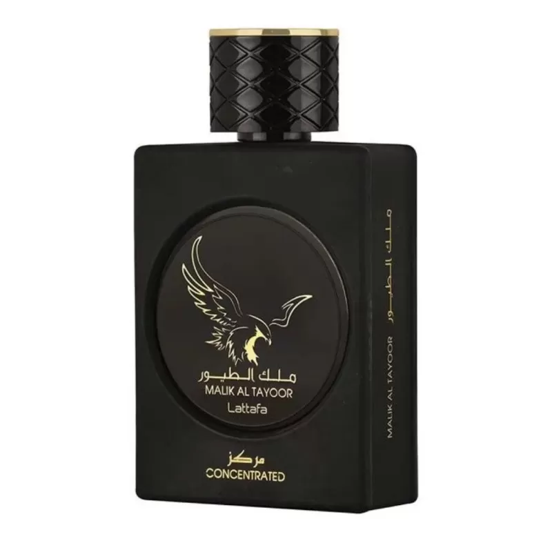 Frasco de perfume preto com detalhes dourados e texto MALIK AL TAYOOR
