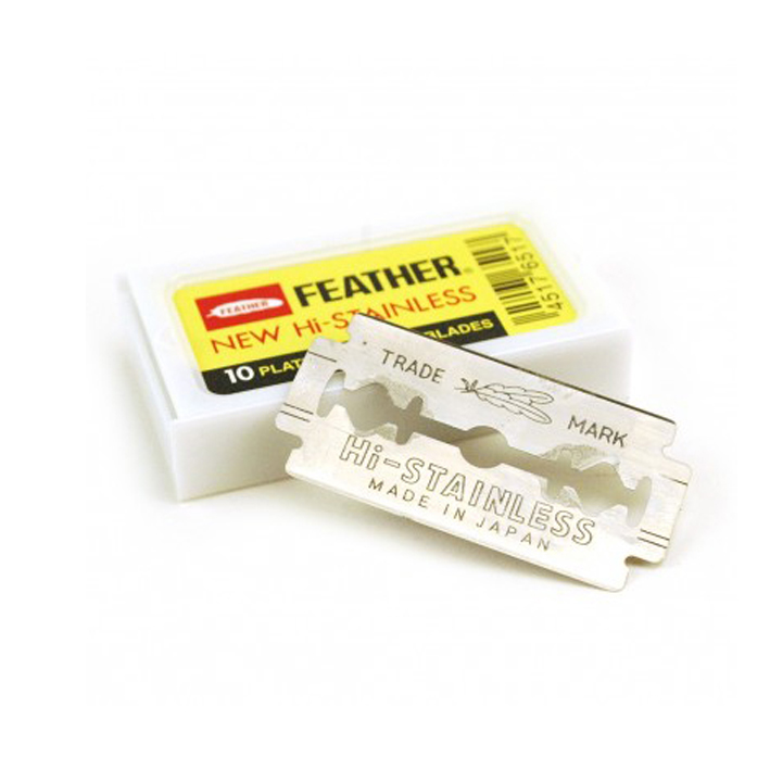 Lâmina de barbear em aço inoxidável Hi-STAINLESS com embalagem de plástico branca e rótulo amarelo.