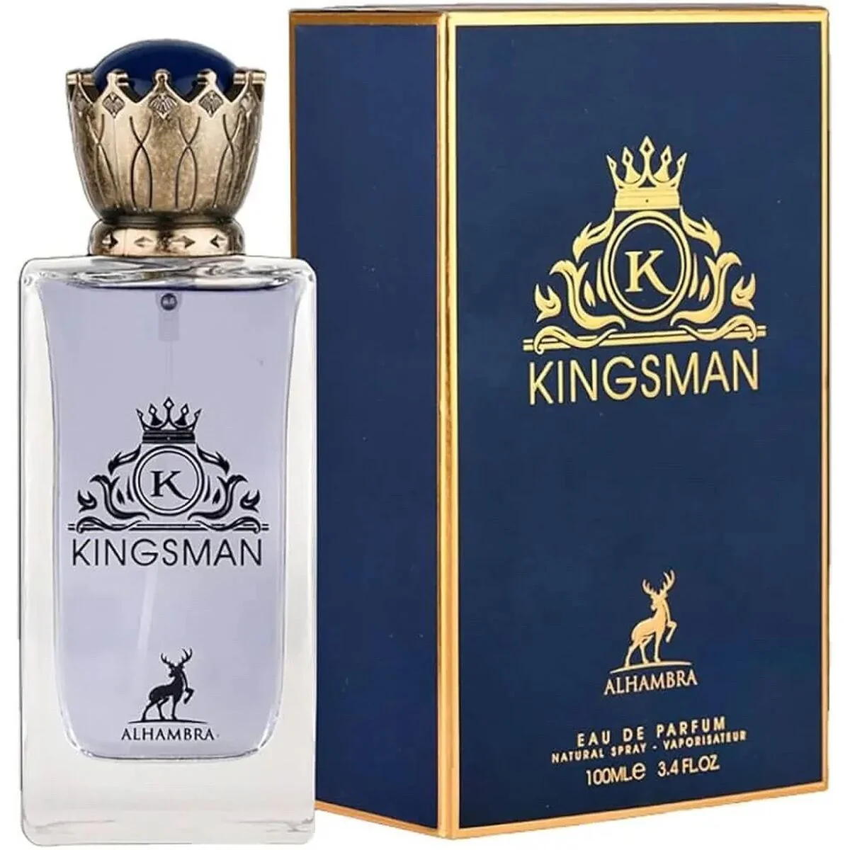 Perfume Kingsman Alhambra com frasco transparente e tampa prateada e azul ao lado de caixa azul e dourada