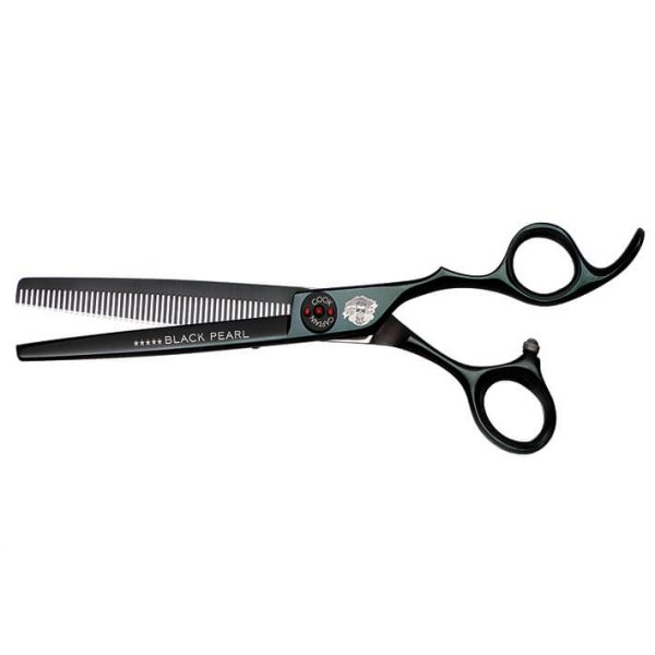 Tesoura de desbaste de cabelo preta com texto FIVE STAR BLACK PEARL