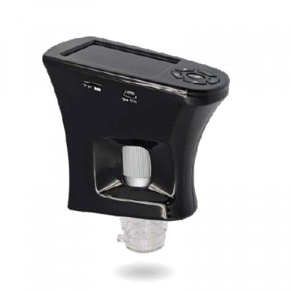 Máquina de café preta com visor digital e compartimento transparente