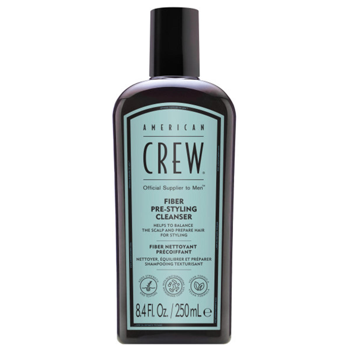Frasco castanho com rótulo azul claro e tampa preta AMERICAN CREW Fiber Pre-Styling Cleanser