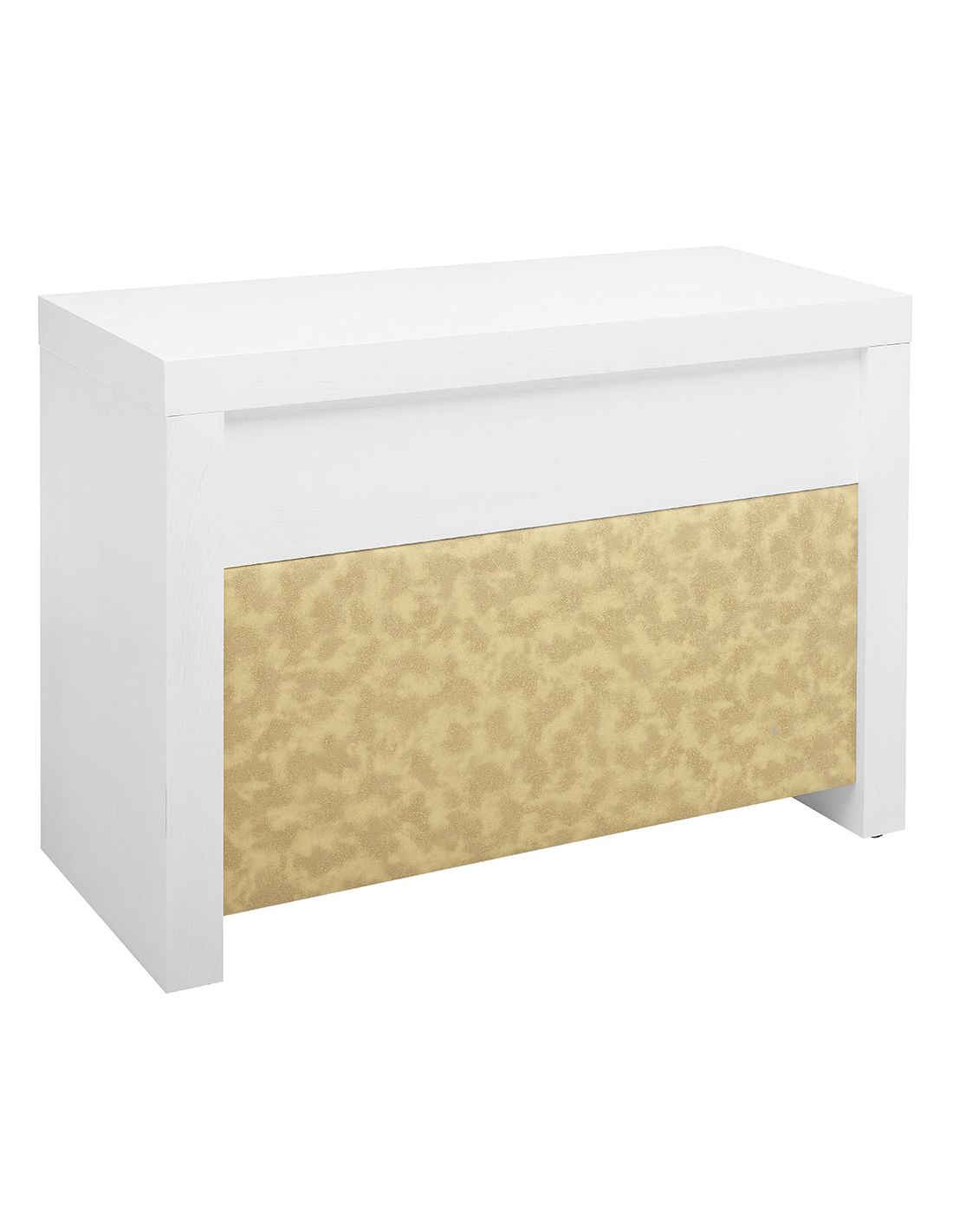 Móvel branco com painel bege e padrão irregular