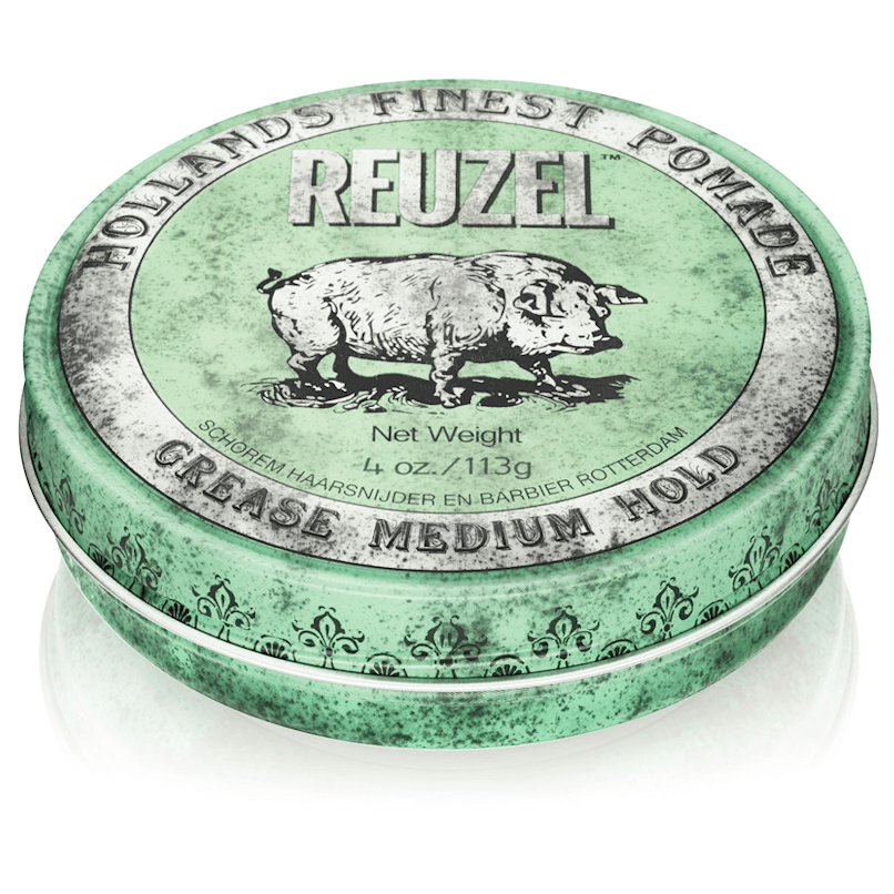 Frasco verde redondo de pomada de cabelo Reuzel com ilustração de porco