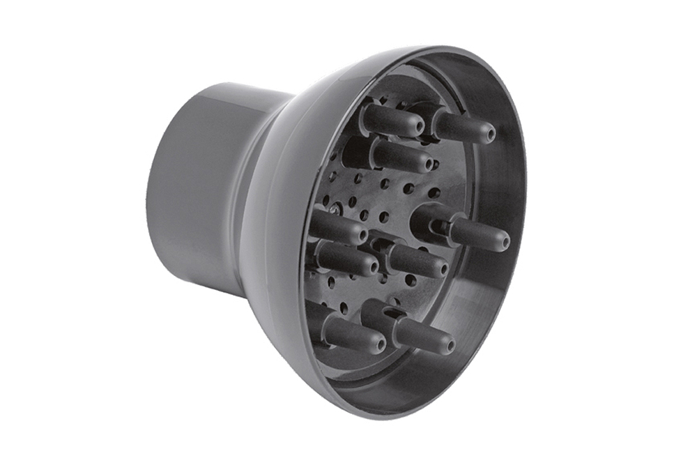 Difusor de cabelo cinza com vários bicos cilíndricos em plástico.