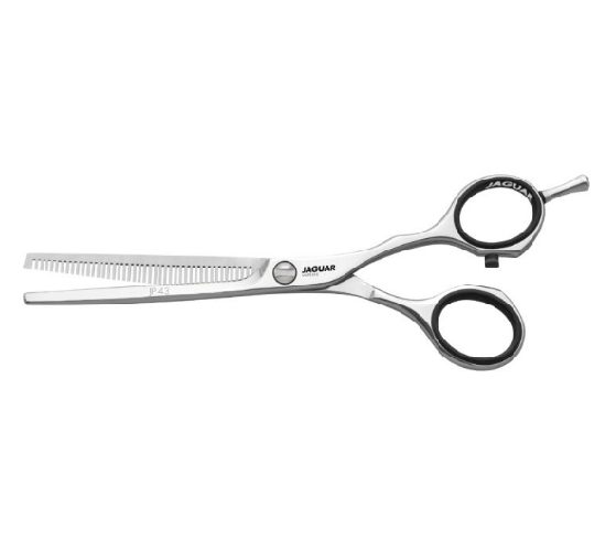 Tesoura profissional em aço inoxidável com lâmina dentada e cabo prateado