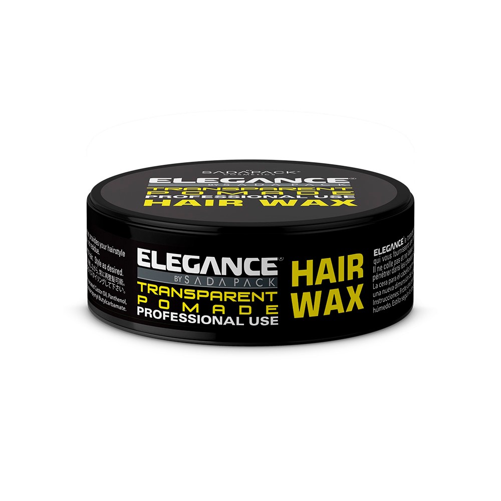 Cera para cabelo Elegance em embalagem preta redonda com texto amarelo e branco