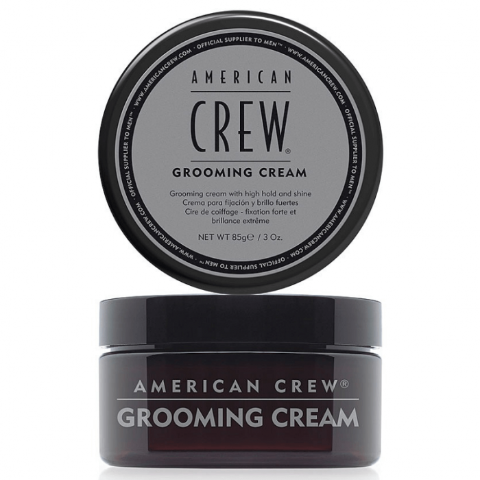 Embalagem de American Crew Grooming Cream para cabelo, preta e castanha translúcida