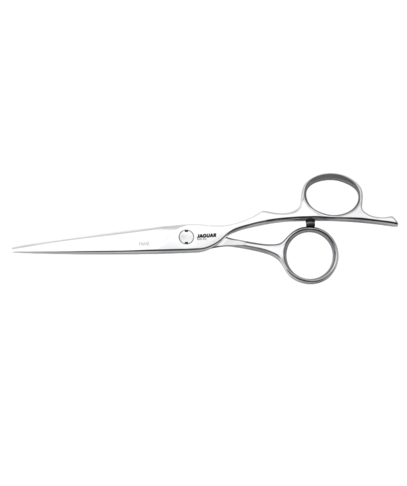 Tesoura de corte profissional prateada com texto JAGUAR