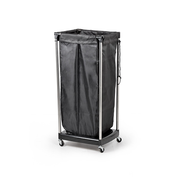 Carrinho organizador preto com estrutura metálica e rodas