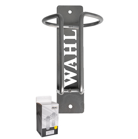 Suporte de parede cinzento com a palavra WAHL e caixa de embalagem do produto