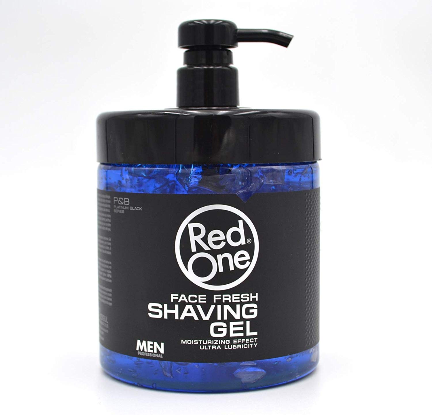 Frasco de gel de barbear Red One azul e preto com doseador.