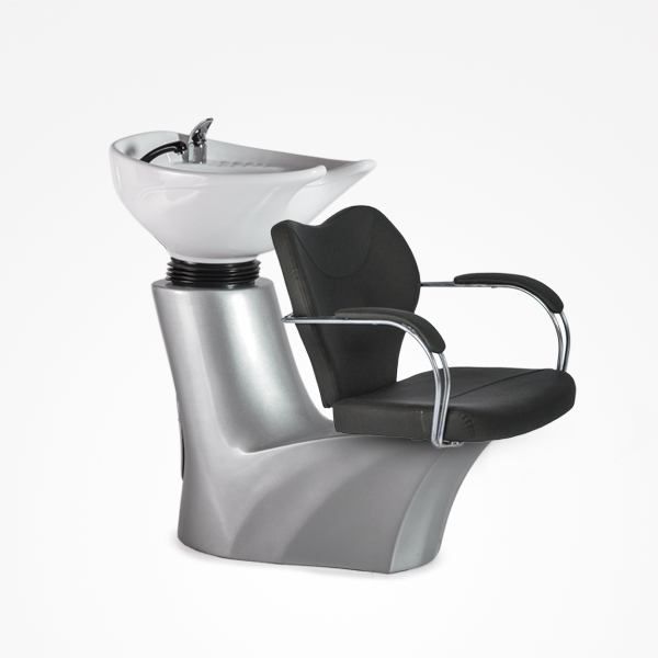 Cadeira de cabeleireiro com lavatório branco e estrutura prateada com assento preto