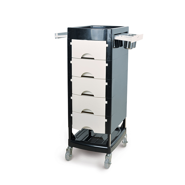Carrinho móvel de organização com gavetas cinza e estrutura preta