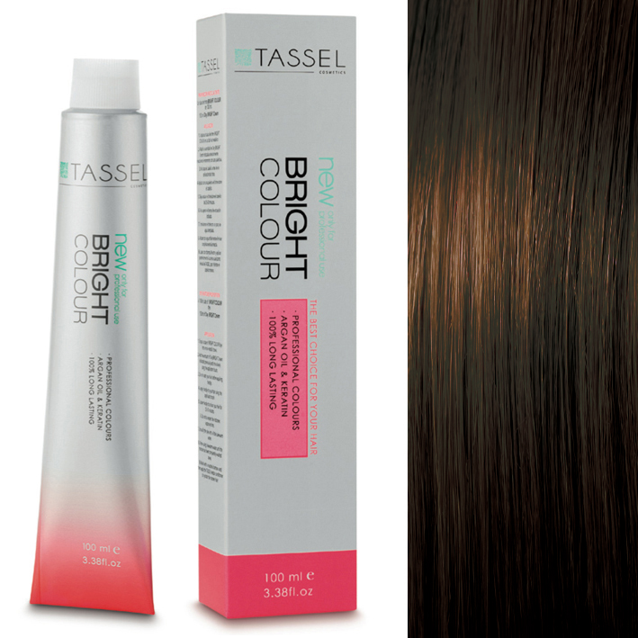 Tubo e caixa de tinta de cabelo TASSEL Bright Colour e amostra de cabelo castanho escuro com luzes