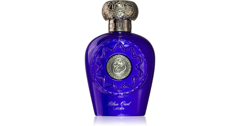 Frasco azul de perfume com tampa prateada ornamentada e texto 'Blue Oud Lattafa'