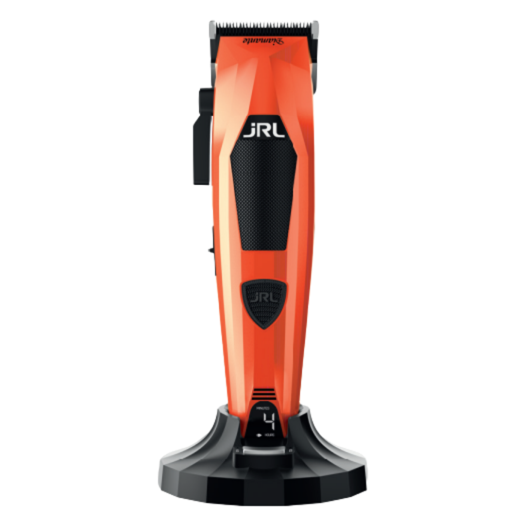 Máquina de cortar cabelo laranja JRL com base preta e visor digital