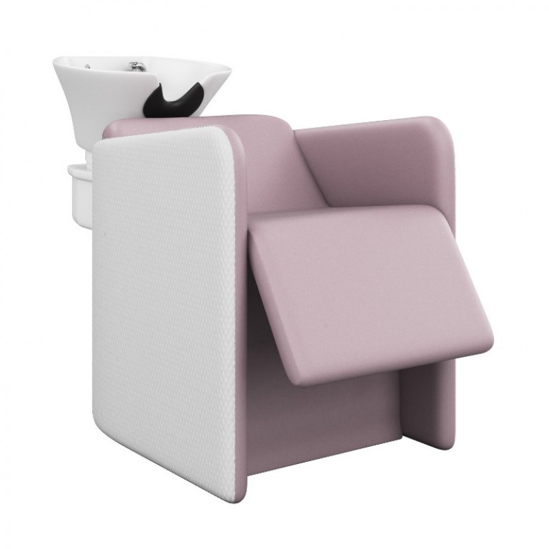 Cadeira de lavagem de cabelo rosa claro com lava-cabeça branco