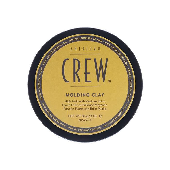 Pote de American Crew Molding Clay para cabelo com tampa preta e rótulo amarelo.