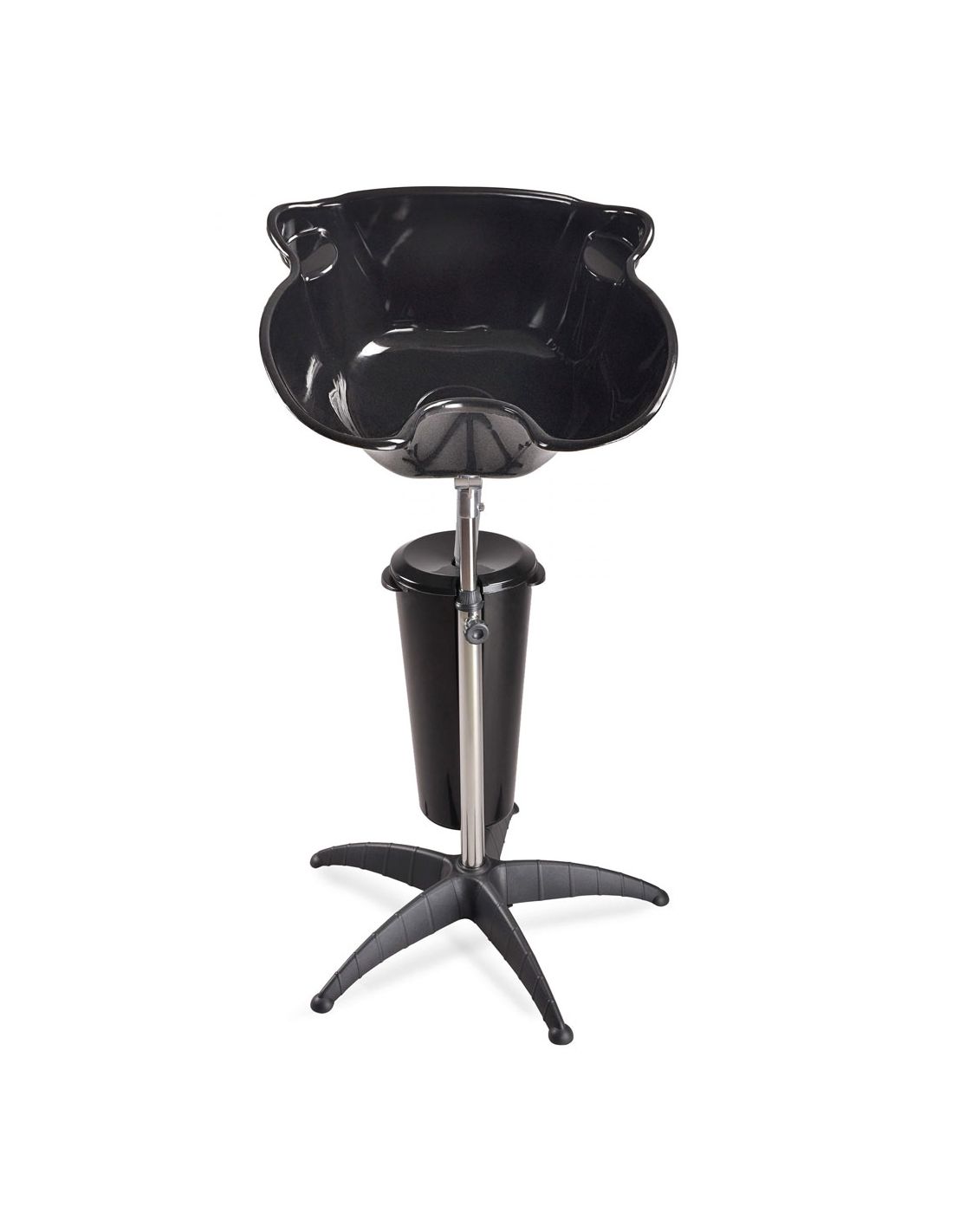 Lavatório de cabelo preto com base metálica e recipiente para água