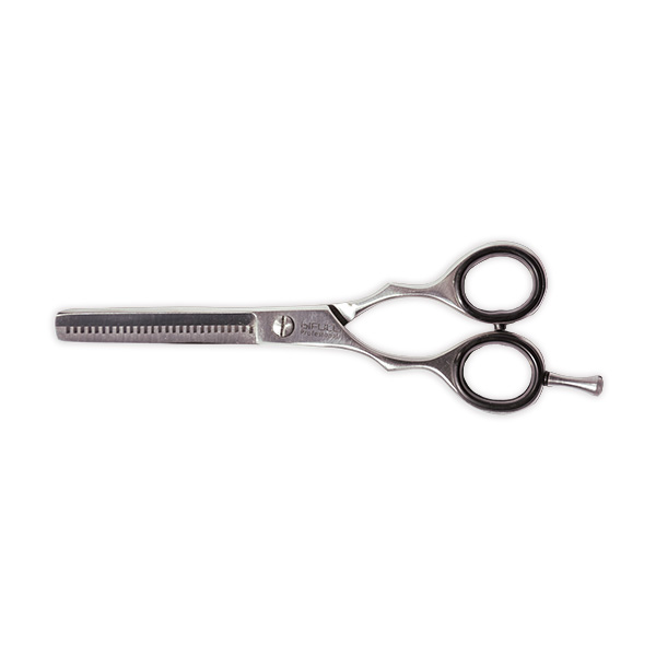 Tesoura de aço inoxidável para afinamento de cabelo com lâmina serrilhada e empunhadura preta