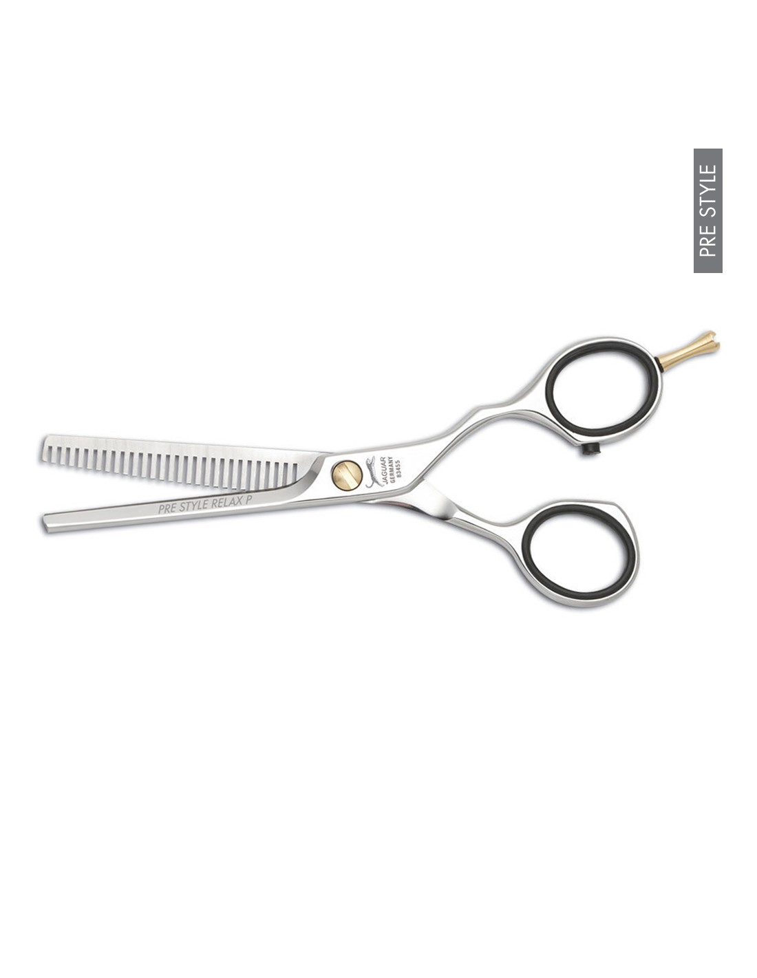 Tesoura de desbaste em metal prateado com lâminas e punhos negros sobre fundo branco