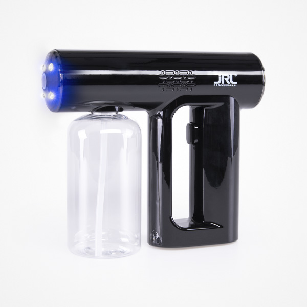 Pulverizador elétrico preto com frasco transparente e luzes LED azuis