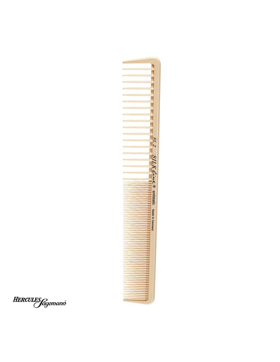 Pente de plástico bege com dentes largos e finos e texto impresso.