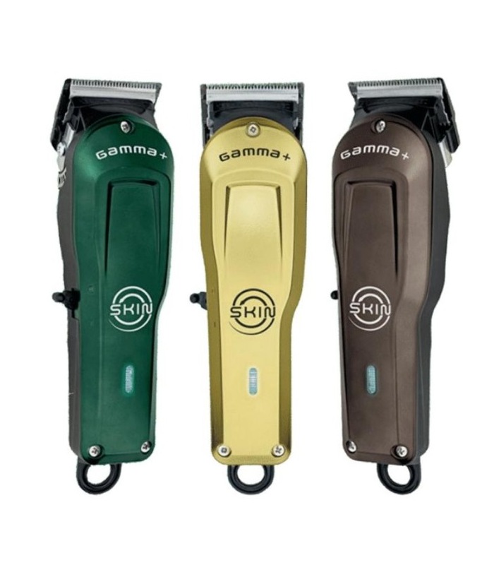 Máquinas de cortar cabelo Gamma+ Skin em verde, dourado e castanho.