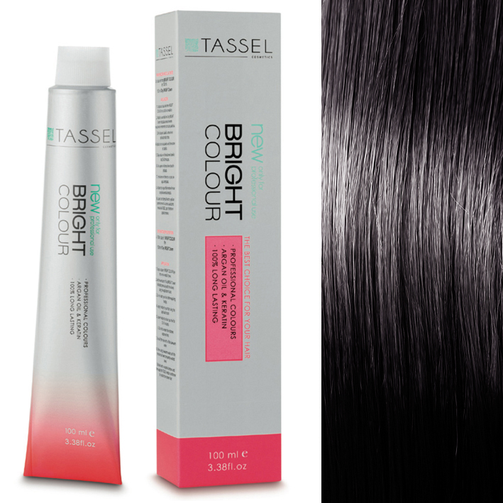 Tubo e caixa de tinta de cabelo TASSEL Bright Colour 100 ml com cabelo castanho escuro brilhante