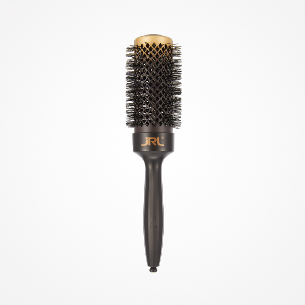 escova de cabelo redonda preta e dourada com cerdas pretas