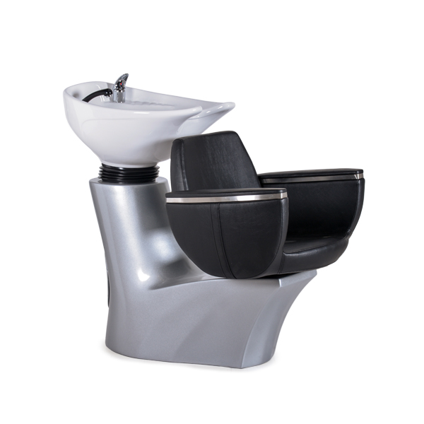 Cadeira de lavagem para cabeleireiro com lavatório branco e assento preto.