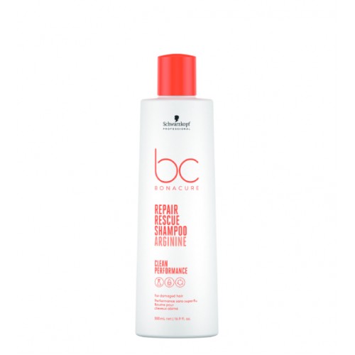 Frasco branco de champô BC Bonacure Repair Rescue Shampoo com tampa vermelha