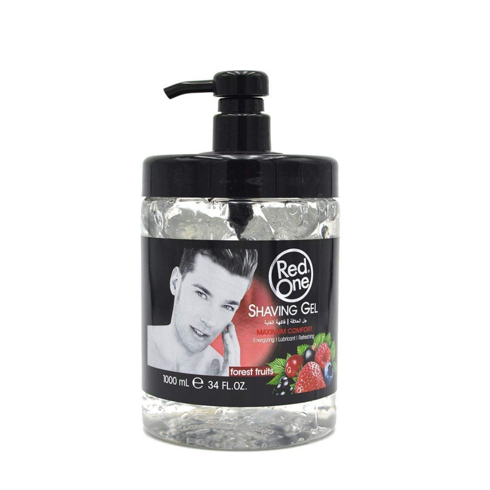 Frasco transparente com válvula preta de gel de barbear Red One com etiqueta preta e imagem de homem