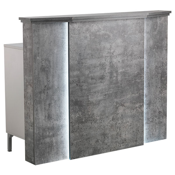 Balcão cinza escuro estilo cimento com luzes brancas e estrutura lateral branca