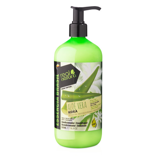 Frasco verde com doseador e rótulo de condicionador Real Natura Aloe Vera