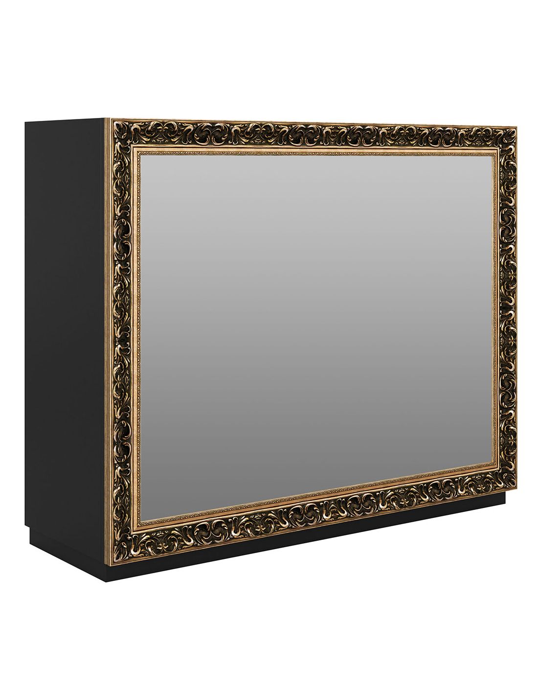 Armário preto com porta espelhada e moldura dourada decorativa