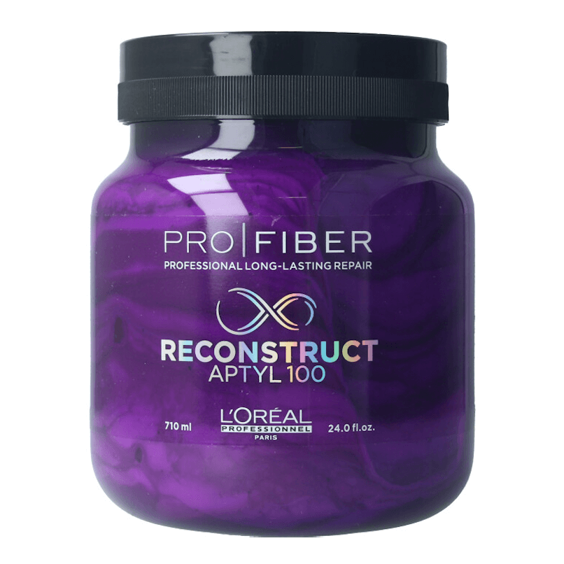 Frasco plástico roxo com tampa preta de PRO FIBER L'Oréal.