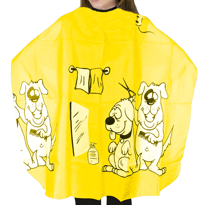 Capa de cabeleireiro infantil amarela com desenhos de cães e utensílios de cabeleireiro